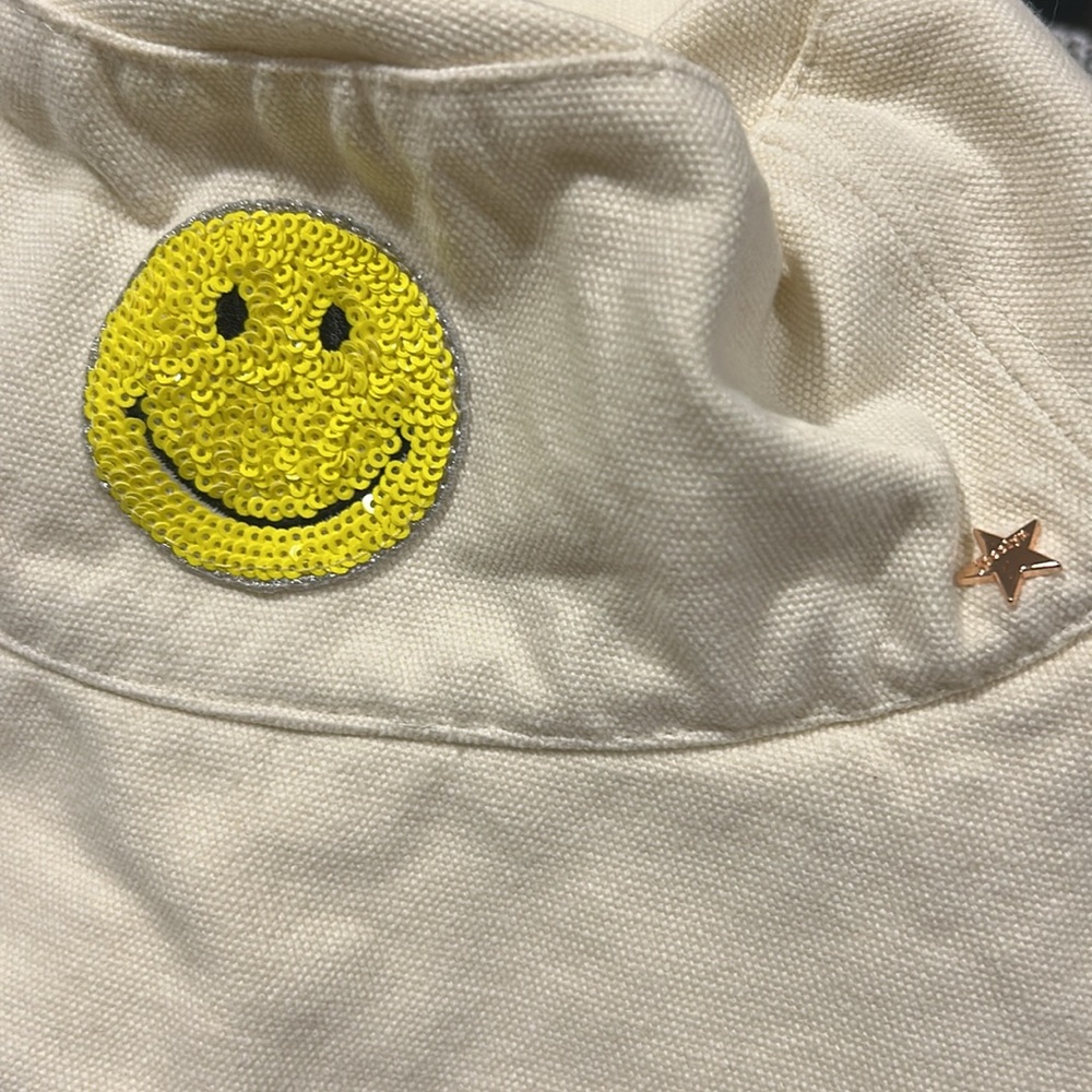 Like New! Jocelyn smiley sequin canvas Bucket Hat fringe detail size OS cream